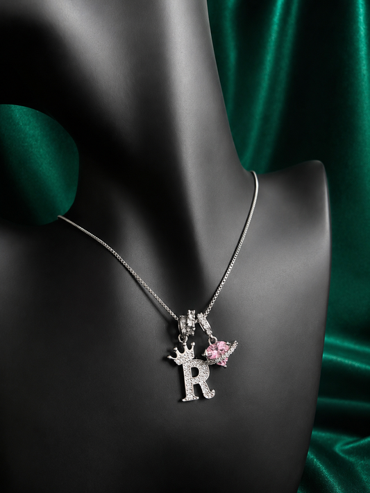 R Silver Diamond Initial Necklace